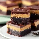 Delicious no-bake chocolate peanut butter bars on a plate.