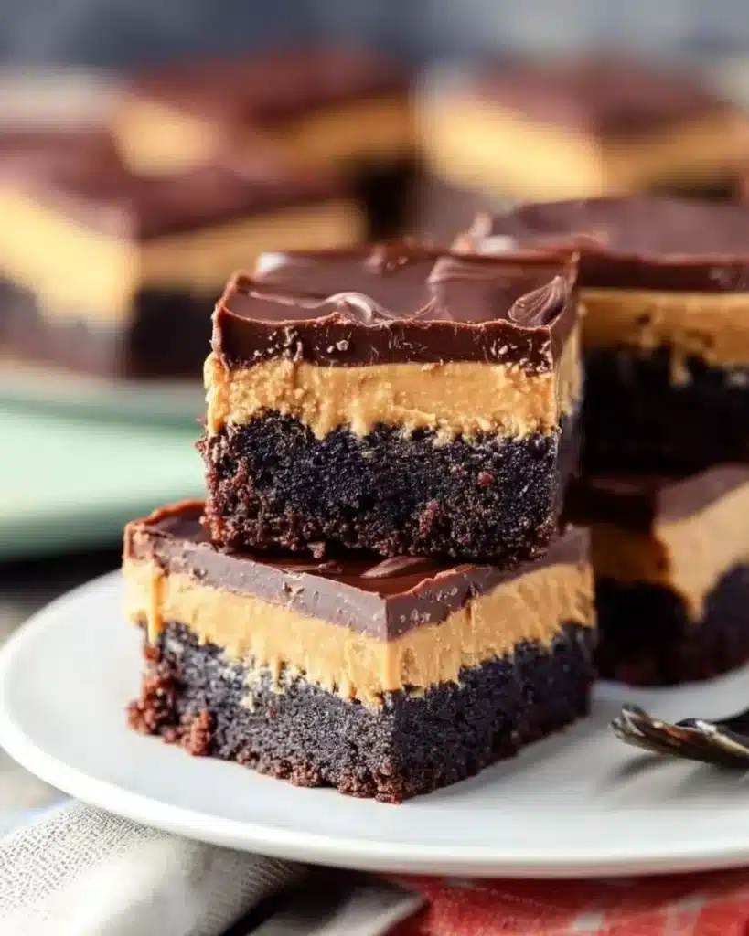Delicious no-bake chocolate peanut butter bars on a plate.