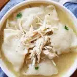 Bowl of old-fashioned chicken and dumplings ready to enjoy