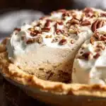 Delicious Pecan Cream Pie topped with whipped cream and pecans