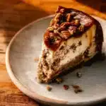 Delicious pecan pie cheesecake slice topped with pecans and caramel