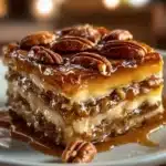 Delicious pecan pie lasagna dessert with layers of pecans, cream, and chocolate.