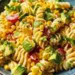 Delicious Mexican street corn pasta salad topped with fresh ingredients