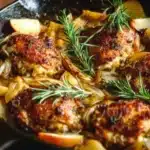 Delicious Rosemary Apple Cider Chicken served with fresh herbs and sides.