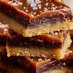Delicious salted caramel chocolate sugar cookie bars stacked on a plate