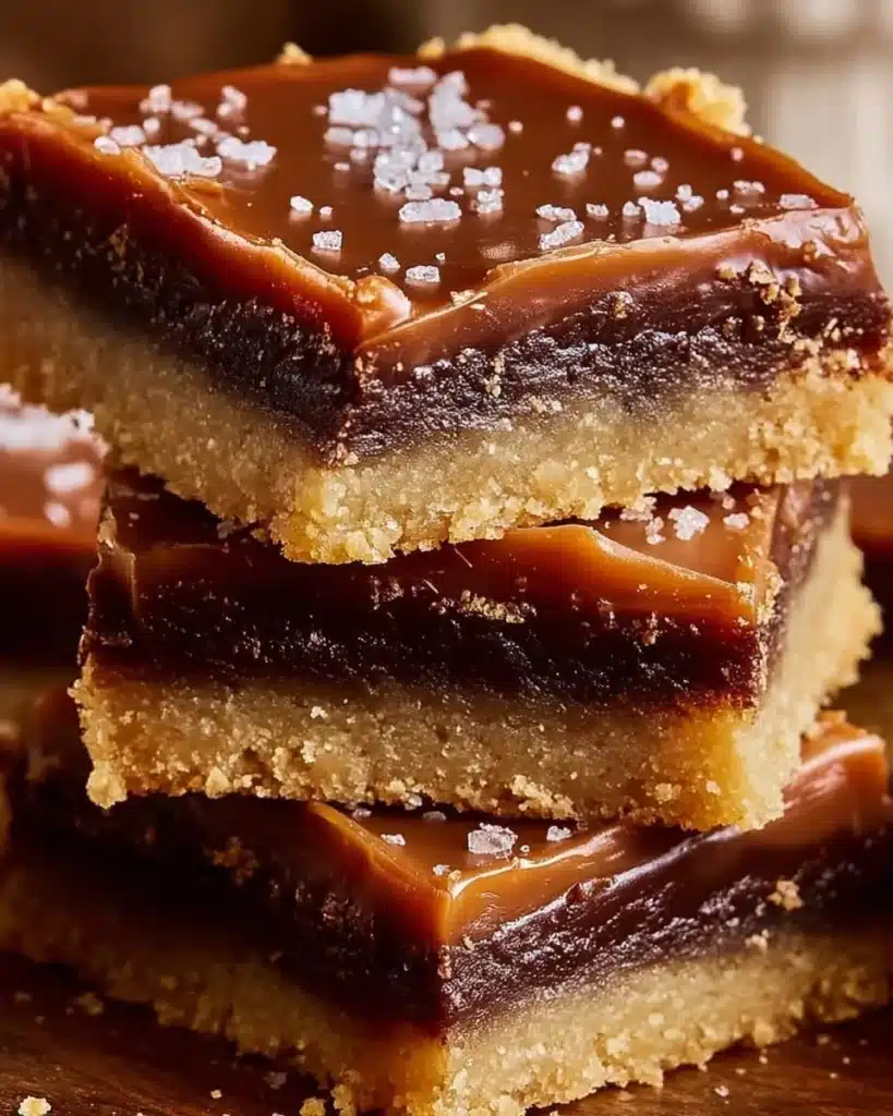 Delicious salted caramel chocolate sugar cookie bars stacked on a plate