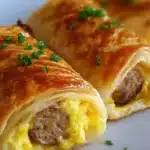 Sausage Egg Breakfast Roll-Ups served on a plate with fresh herbs