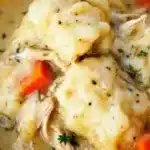 Bowl of simply delicious chicken and dumplings topped with fresh herbs