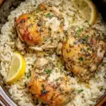 Slow Cooker Lemon Herb Chicken served with rice in a bowl