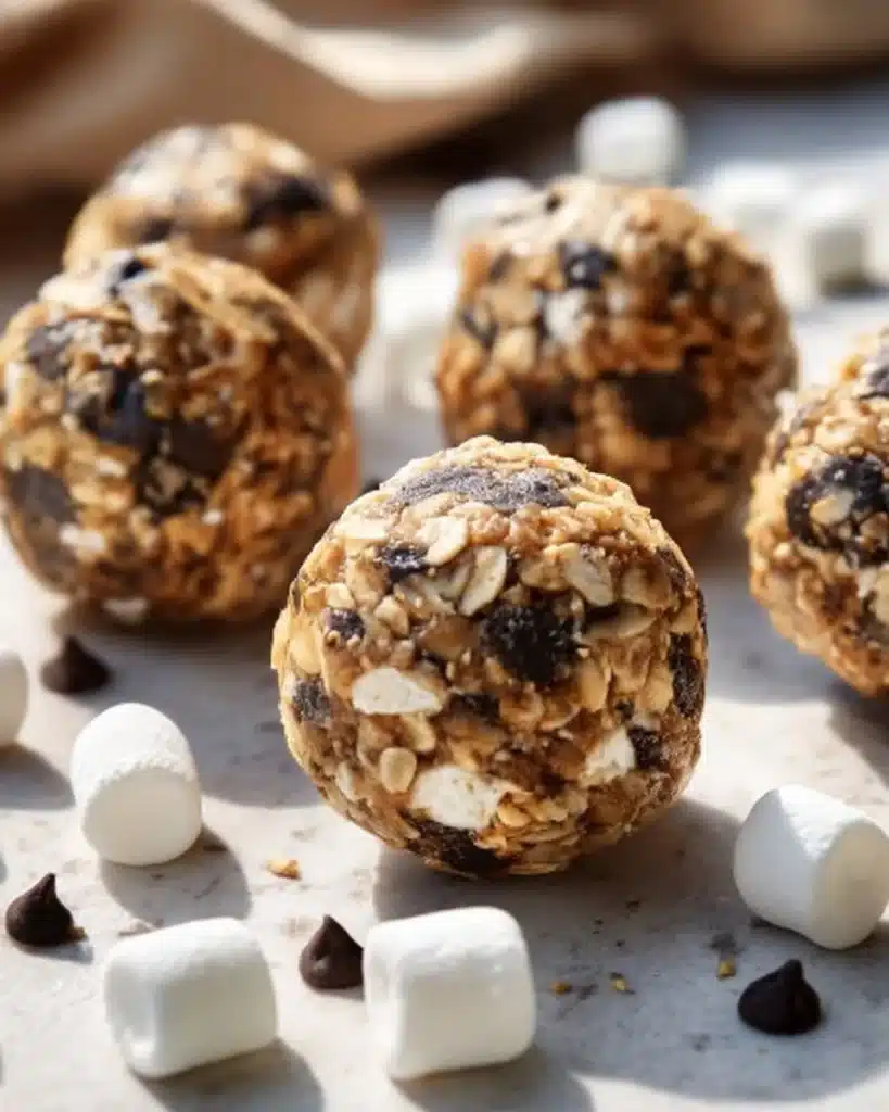Delicious S'mores Energy Bites with chocolate, marshmallows, and graham crackers.