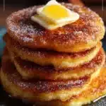 Delicious churro pancakes served with chocolate sauce and cinnamon sugar.