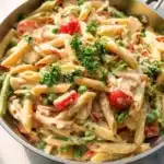 Colorful spring pasta with fresh vegetables and herbs, perfect for a seasonal meal.