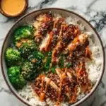 Delicious sticky chicken rice bowls with fresh vegetables and herbs.