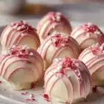 Delicious strawberry cheesecake truffle balls ready to be enjoyed as a sweet treat.