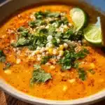 Bowl of Street Corn Chicken Chili topped with cilantro and lime