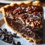 Delicious Texas chocolate pecan pie with a rich chocolate filling and flaky crust