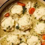 Bowl of easy chicken and dumplings recipe with herbs and vegetables