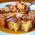 Baked traditional French toast casserole topped with syrup and berries