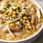 A bowl of creamy White Chicken Chili topped with cilantro and diced jalapeños
