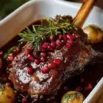 Aussie holiday lamb shanks with red wine sauce and festive garnishes.