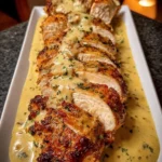 Baked Caesar Chicken topped with creamy Parmesan sauce on a plate