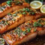 Baked honey garlic salmon served with vegetables on a white plate
