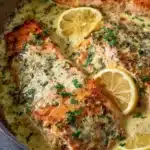Baked salmon served with lemon butter cream sauce on a plate