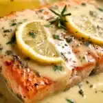 Baked salmon with lemon butter cream sauce garnished with herbs