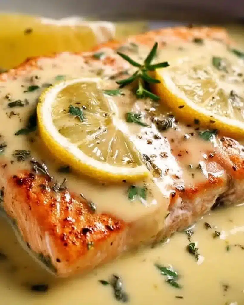 Baked salmon with lemon butter cream sauce garnished with herbs