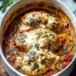 Delicious Baked Tuscan Chicken Casserole topped with fresh herbs and cheese