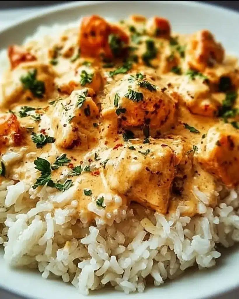 Delicious smothered chicken and rice served on a plate