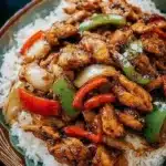 A plate of delicious black pepper chicken served with vegetables and rice.
