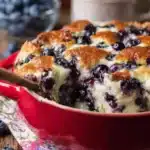 Blueberry Cottage Cheese Bake served in a dish, topped with fresh blueberries.
