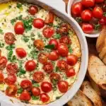 Creamy Caprese Dip with tomatoes, mozzarella, and basil served in a bowl