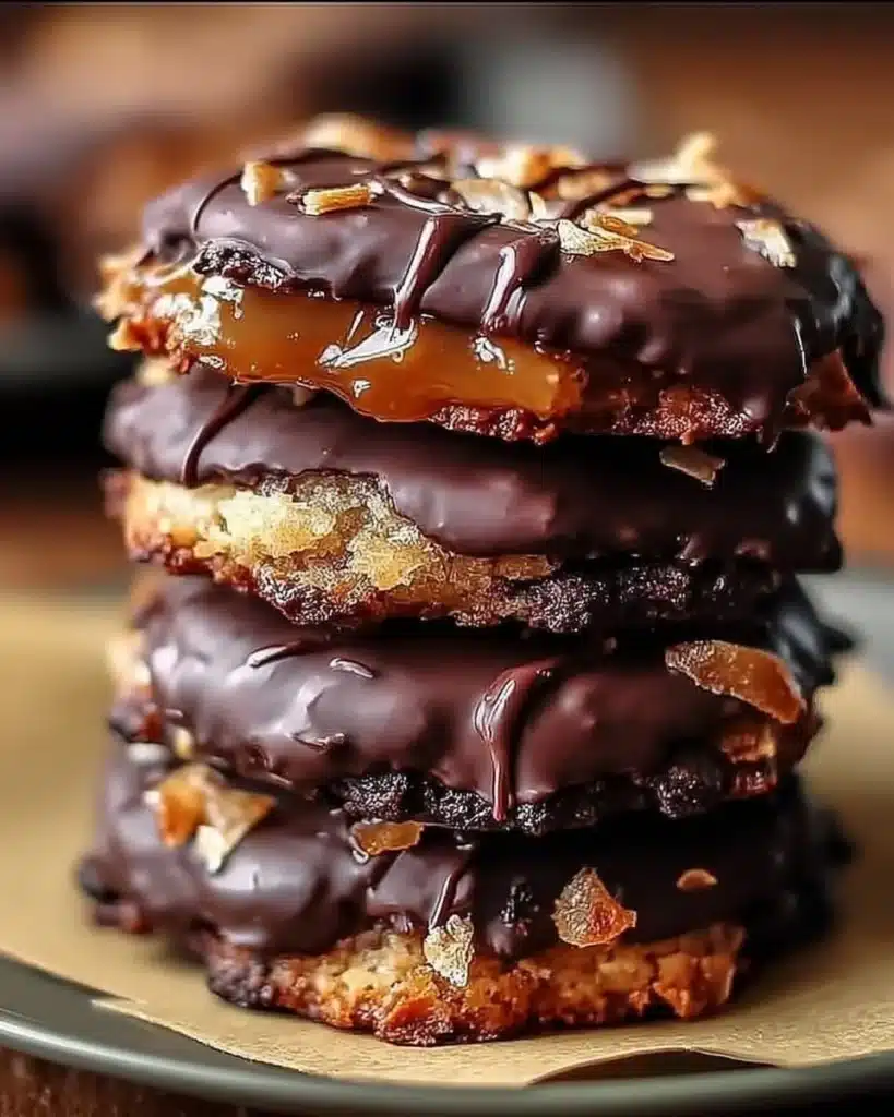Delicious caramel coconut chocolate cookies stacked on a plate.