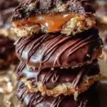 Caramel Coconut Chocolate Cookies on a plate with chocolate drizzle