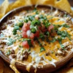 Delicious cheesy bean dip served with tortilla chips for a tasty snack.