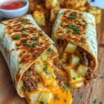 Cheesy beef and potato burritos ready to serve, showcasing melted cheese and hearty filling.