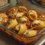 Cheesy beef stuffed shells, a delicious baked pasta dish ready to be served.