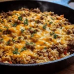 Cheesy Ground Beef and Rice Skillet in a pan with melted cheese and green onions