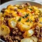 Cheesy Ground Beef & Potato Casserole topped with crispy potatoes