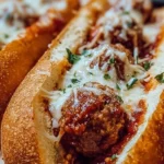 Cheesy meatball sub sandwich topped with marinara sauce and melted cheese
