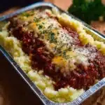 Cheesy Meatloaf served with creamy mashed potatoes on a plate