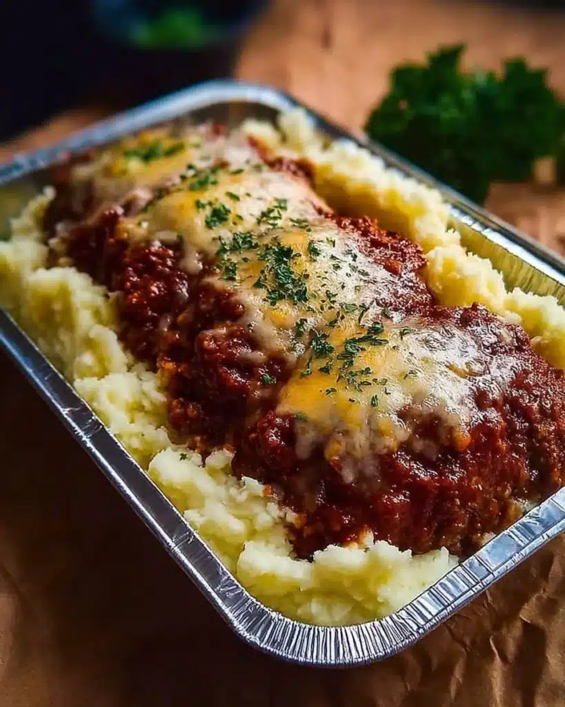 Cheesy Meatloaf served with creamy mashed potatoes on a plate