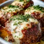 Cheesy stuffed Mediterranean meatloaf cups garnished with herbs.