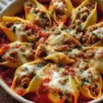 Cheesy stuffed shells filled with ricotta and topped with meat sauce
