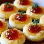 Cheesy thumbprint appetizers with hot pepper jelly served on a platter