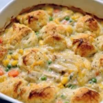 Delicious chicken pot pie casserole topped with golden flaky crust and vegetables.