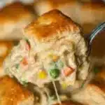 Delicious chicken pot pie topped with flaky biscuits, perfect for a cozy dinner.