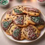 Delicious chocolate chip Christmas cookies decorated with colorful sprinkles